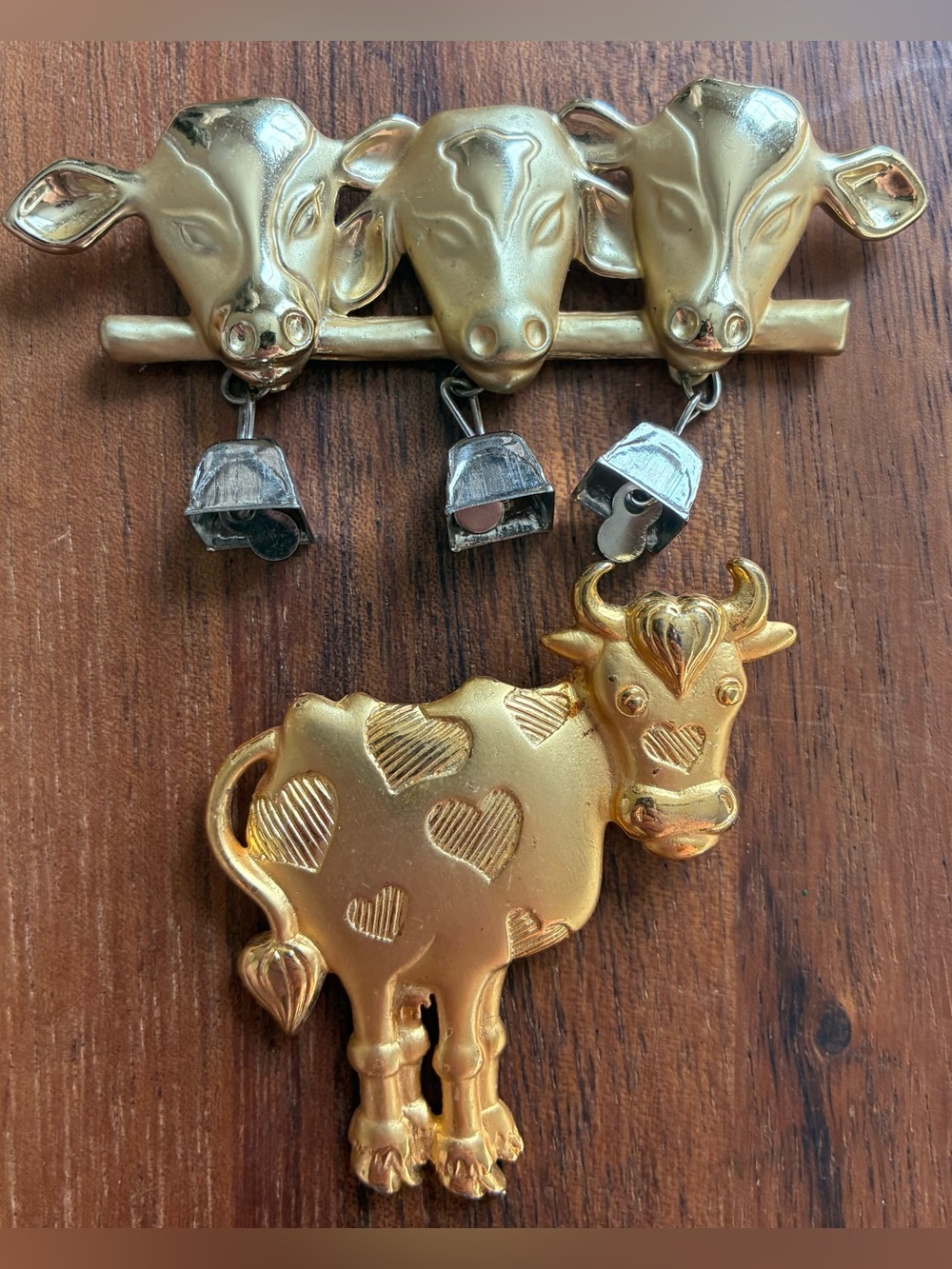 Lot of 2 Gold Tone Cow Brooch Pin JJ Jonette Jewelry Bells